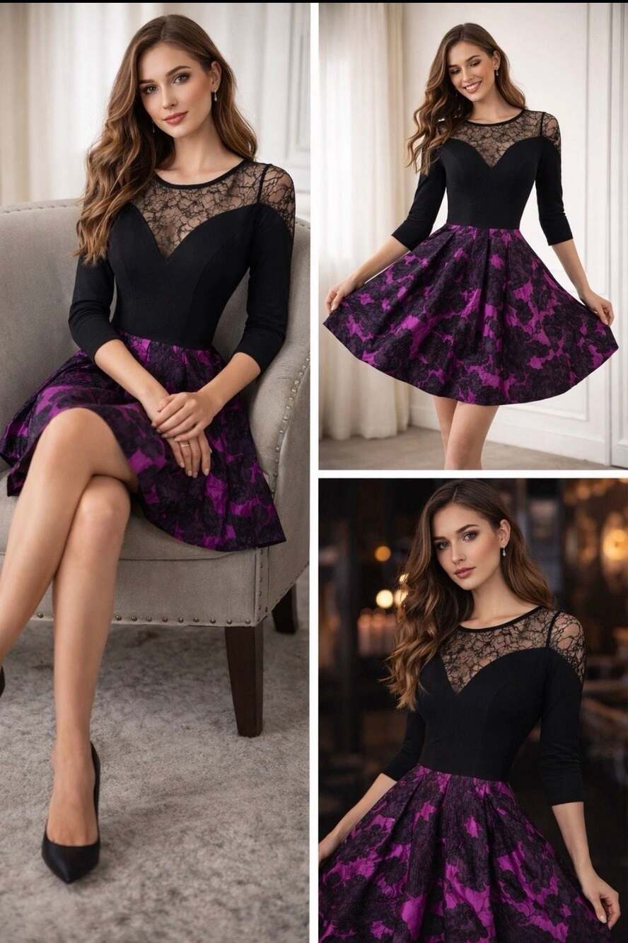 Yoana Baraschi Blue Size 4 Black and Purple Lace Fit and Flare Dress